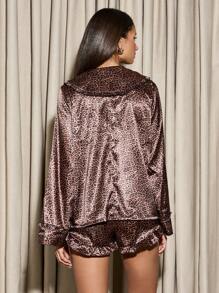 AiiRZ Conjunto de pijama de satén con estampado de leopardo de lujo, con corbatas rojas a juego y diadema, conjunto de ropa de estar en casa y ropa de dormir para regalo festivo - Multicolor - Ver 2