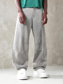 SUMWON Skater Fit Relaxed Wide-Leg Denim Jeans With Knee Patches, Urban Streetwear Casual Comfortable High-Quality Fall Winter Fashion - Grey - View 1