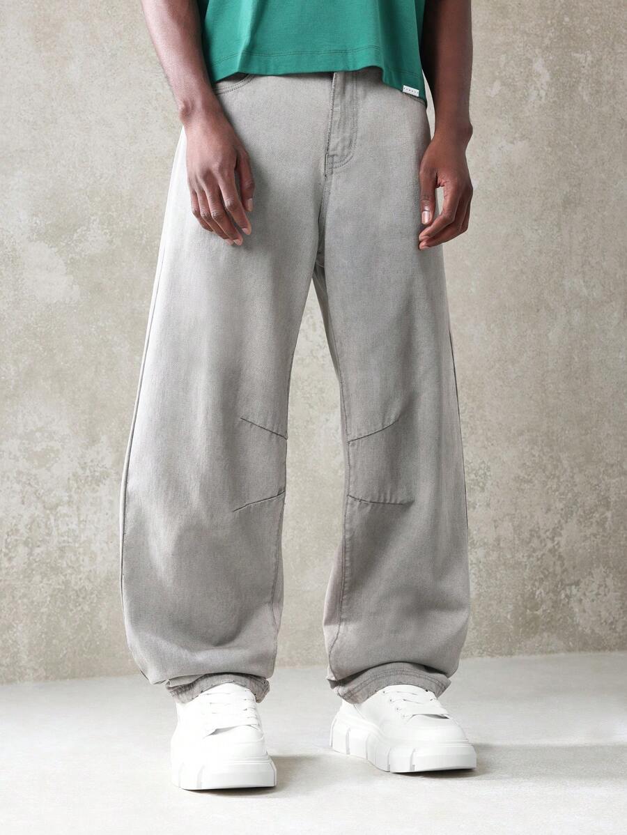 SUMWON Skater Fit Relaxed Wide-Leg Denim Jeans With Knee Patches, Urban Streetwear Casual Comfortable High-Quality Fall Winter Fashion - Grey - View 1