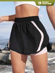 In My Nature Pantalones cortos deportivos de cintura alta con bloques de color para senderismo, prendas de mujer, shorts de sudadera - Negro - Ver 1