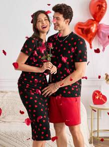 Manfinity VCAY Camiseta casual de cuello polo de manga corta ajustada para hombre Manfinity Modomio, adecuada para uso diario y parejas, regalo de San Valentín, pijamas de San Valentín, conjuntos a juego de parejas, ropa de San Valentín