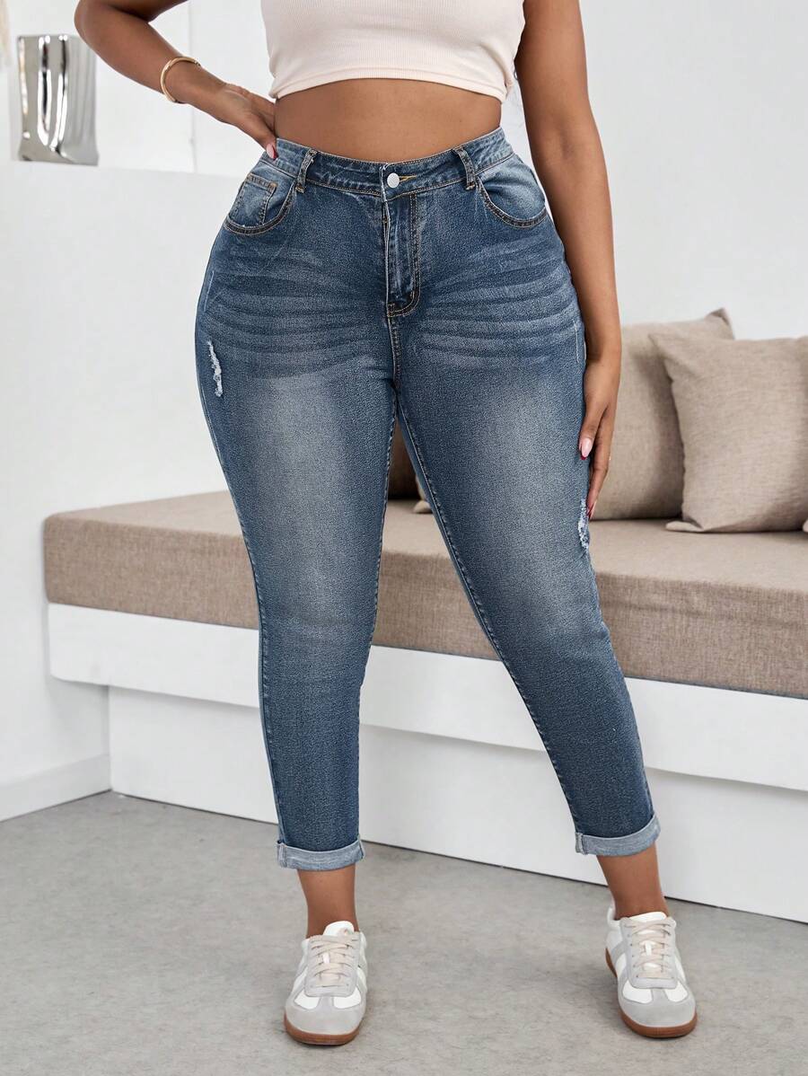 SHEIN EZwear 大码女式破洞口袋紧身休闲牛仔裤，百搭