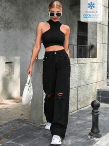 SHEIN Frenchy Coolmax Women's Solid Color Front Button Pocket Distressed Casual Denim Jeans - Black - View 1