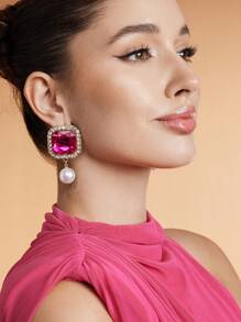 SHEIN BAE 爪链方形合金方晶锆石和人造珍珠吊坠耳环 适合情人节、妈妈、母亲、母亲节、礼物 - 玫紅色 - 查看 4