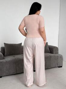Flirla Plus Size Women Pink Striped T-Shirt And Pants 2 Pieces Casual Street Wear Set - Pink - View 3