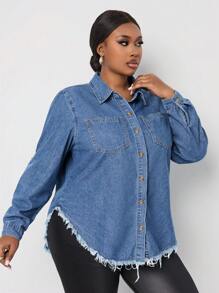 SHEIN Lady Plus Roll Tab Sleeve Patch Pocket Denim Top - Medium Wash - View 3