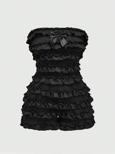 Grunge Punk Combinaison courte style Harajuku Y2K femme à volants superposés noirs unicolore