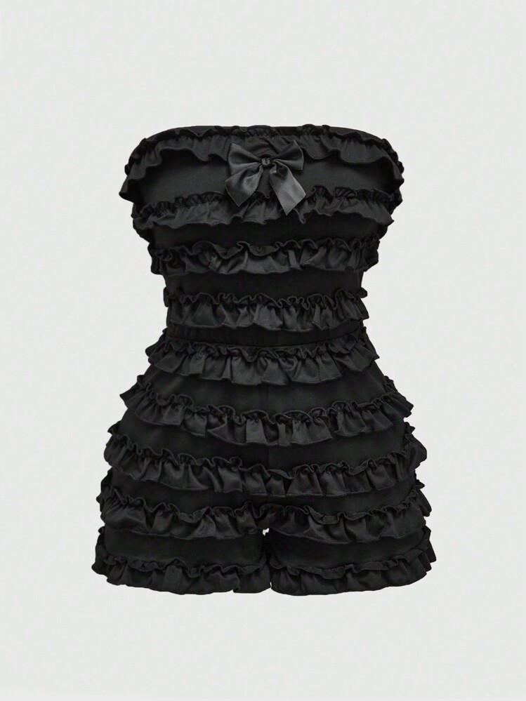 ROMWE Grunge Punk Combinaison courte style Harajuku Y2K femme à volants superposés noirs unicolore