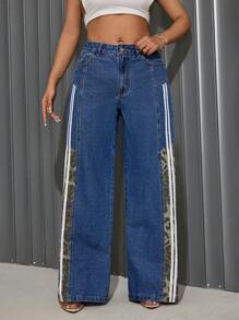 SHEIN SXY Women's Casual Leopard Print Patchwork Straight Leg Jeans