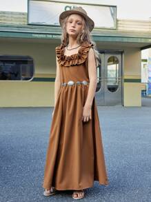 SHEIN Braunes A-Linien-Kleid mit Rüschenbesatz und quadratischem Ausschnitt für Tween-Mädchen, neue Frühjahr/Sommer-Kollektion 2025, geeignet für den Sommerurlaub, den Alltag, Ausflüge und gesellschaftliche Veranstaltungen