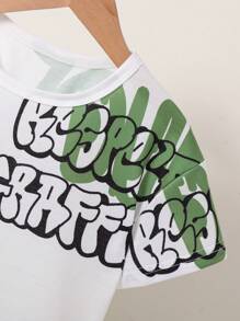 SHEIN 幼儿男孩休闲字母印花短袖圆领 T 恤，日常穿着 - 白色 - 查看 5