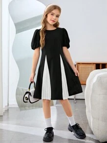 Vestido modesto sin mangas de niña preadolescente con bloqueo de color y parches elegantes