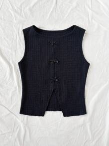 Soleia Women's Apricot Knitted Textured Round Neck Slit Bow Accent Cropped Black Tank Top, For Holiday - Black - View 3