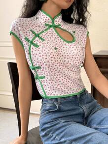 EastFlair Blusa informal con estilo nacional, de color y estampado de flores diminutas, de moda para llevar a diario