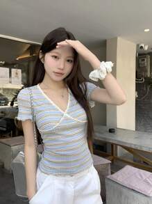 DAZY Women's V-Neck Lace Patchwork Striped Casual T-Shirt Summer Cute Tops Preppy Tops