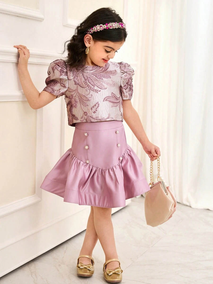 SHEIN Leap Crew 2pcs/Set Woven Mesh Cardigan And Woven Dress Two-Piece For Young Girls - Red - View 1