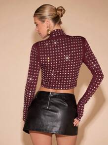 SHEIN BAE Women's Fashion Rhinestone Decor Stand Collar Cropped T-Shirt
