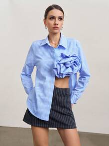 SURIMA Women Striped Long Sleeve Casual Shirt With 3D Floral Decor Single Button, Autumn