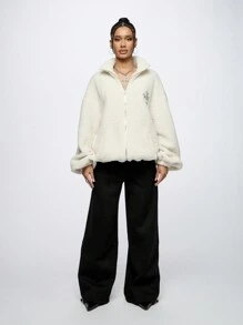 SUMWON WOMEN Luxury Sherpa Fleece Winter Zip-Up Jacket Cozy Teddy Bear Plush Outerwear With Premium Metal Hardware And Embroidered Logo Holiday Season Essential