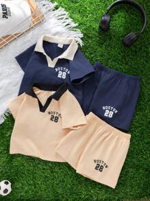 SHEIN Leap Crew 4 件套男婴可爱休闲运动字母印花撞色短袖 Polo 衫和短裤套装，适合夏季 - 彩色 - 查看 6