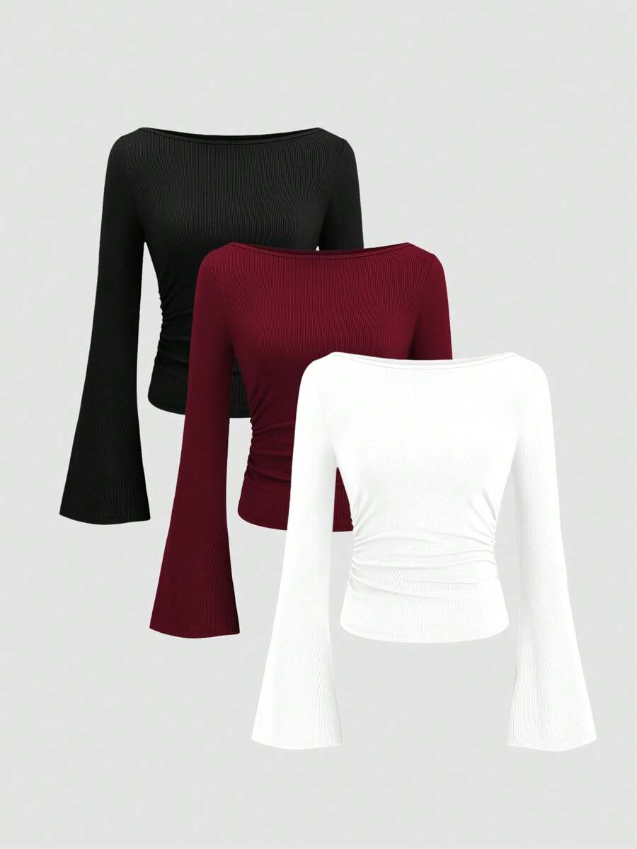 Sweetra 女式休闲纯色船领喇叭袖 T 恤，秋季 - 彩色 - 查看 1