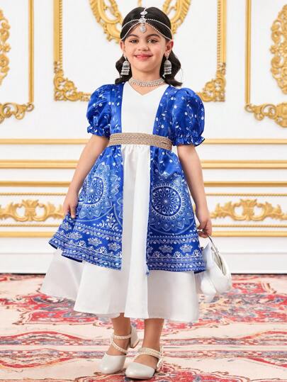 SHEIN 2 件/年轻女孩休闲搭配母女时尚拼色泡泡袖连衣裙，领口有编织细节，适合斋月、春季和夏季穿着，非常适合家庭聚会