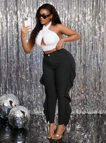 Plus Size Women Jeggings With Ruffle Sides, Black - Black - View 7