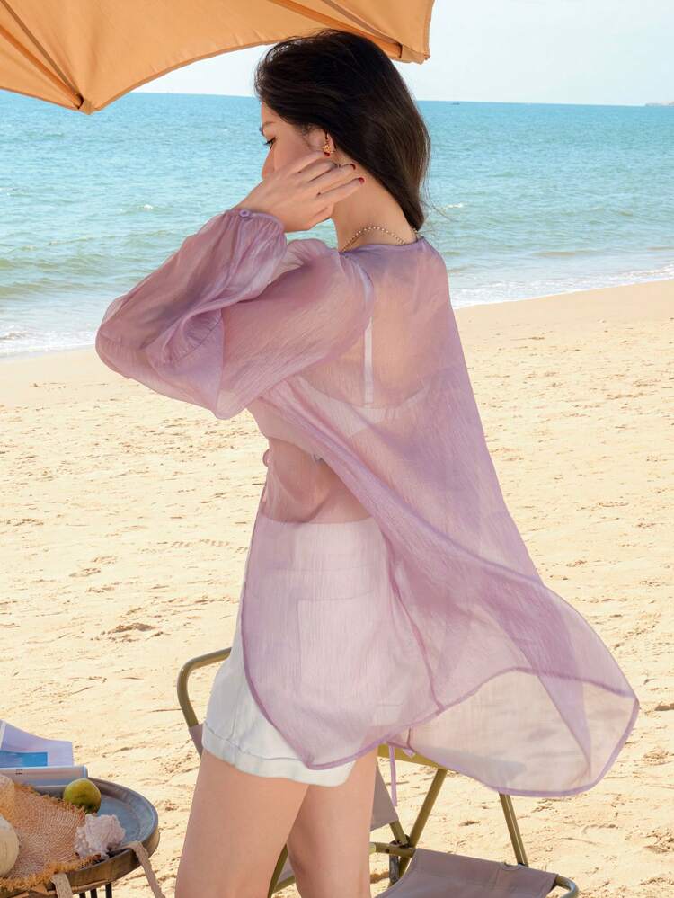 Solid Color Loose Tie V-Neck Long Sleeve Casual Resort Sunscreen Shirt Blouse For Women, Summer Sheer
