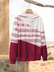 SHEIN LUNE Sweat-shirt à capuche décontracté avec cordon de serrage et imprimé géométrique pour femmes, automne - Rouge foncé - Voir 5