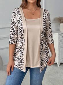 EMERY ROSE Women's Short Sleeve Knitted Leopard Print Casual T-Shirt, Spring/Summer - Khaki - View 4