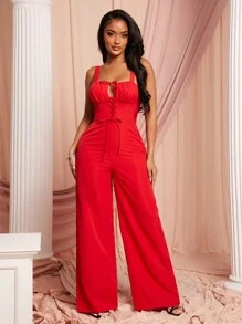 SHEIN SXY 女士红色系带连身裤，适合约会、派对、情人节 - 紅色 - 查看 4