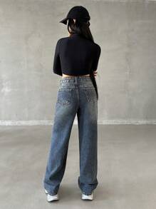 EURMUSE LOW WAIST LOOSE WIDE LEG PANT STYLE FAHION DAILY CASUAL - Medium Wash - View 2