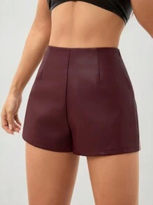 SHEIN PETITE Women's Shorts Vintage Burgundy Sexy Leather PU Mini Shorts For Party Halloween Outfits Christmas Outfits Thanksgiving Outfits Sexy Siren Office Outfits