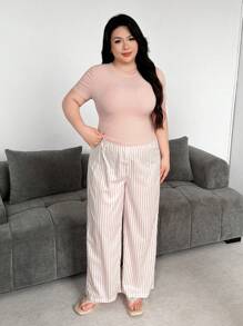 Flirla Plus Size Women Pink Striped T-Shirt And Pants 2 Pieces Casual Street Wear Set - Pink - View 7