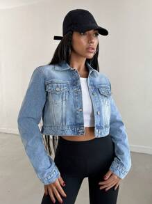 EURMUSE CROP LGHT WASH DENIM JACKET SIMPLE FASHIONABLE DAILY CASUAL