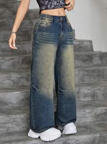 少女新款 Y2K 风格休闲百搭时尚复古宽松男友风牛仔裤，适合日常时尚穿着 - 深色水洗藍 - 查看 5