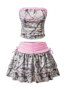 SHEIN 2pcs/Set Teen Girl Beach Fashion Street Snap Tree Branch Print Lace Trim Cropped Cami Top And Ruffle Color Block Mini Skirt Valentine's Day Summer Outfit, Suitable For Parties - Multicolor - View 3