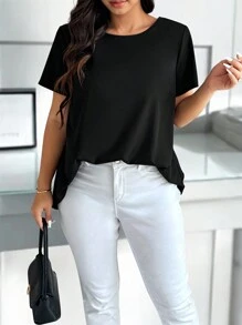 Elenzga Plus Size Casual Solid Color Back Pleated Short Sleeve Shirt - Black - View 6