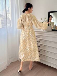 DAZY Bata con mangas de farol con estampado geométrico, vestido de verano ceñido a la cintura para mujer, primavera/verano