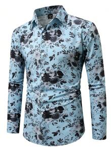Manfinity Homme Men's Long Sleeve Floral Allover Print Front Button Up Casual Shirt