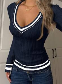 SHEIN EZwear Women V-Neck Long Sleeve Fitted Sweater, Stripe Pattern, Autumn/Winter,Tops For School - Navy Blue - View 7