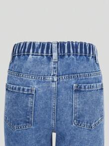 SHEIN ChillGRL Quần jeans denim rách màu xanh nhạt, ống rộng, họa tiết trái tim và chữ Graffiti dành cho bé gái tuổi teen, phong cách Y2K, dáng rộng, ống rộng, rách cổ điển - Rửa nhẹ - Xem 5