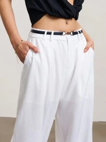 SURIMA Pantalones casuales sólidos de pierna ancha y holgados con pliegues para mujeres