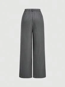 SHEIN MOD V-Neck Sleeveless Side Tie Gray Striped Vest & High Waist Straight Leg Pants Suit Set In Fall/Winter - Grey - View 8
