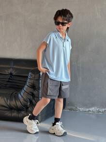 青少年男孩韩版休闲马球领短袖上衣和短裤套装 - 淺藍色 - 查看 8