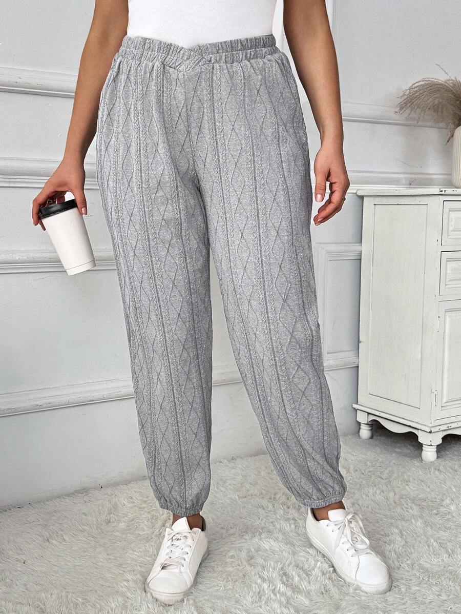 SHEIN LUNE 大码女式灰色休闲修身针织裤 - 灰色 - 查看 1