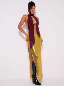 MUSERA Halter Neck Tie Front Backless Solid Top Party Birthday Ibiza Western Festival Rave Night Out Going Out Tops Club Fall Winter Summer Spring - Burgundy - View 6