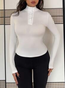 Chiquease Sexy High Neck Half-Open Long Sleeve Fitted Plain Knit White T-Shirt, Versatile For Autumn/Winter