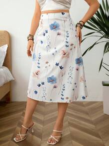 SHEIN LUNE 大码女式花卉印花高腰优雅半身裙情人节 - 白色 - 查看 6