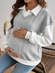 SHEIN Maternity Patchwork Ribbed Collar Sweatshirt